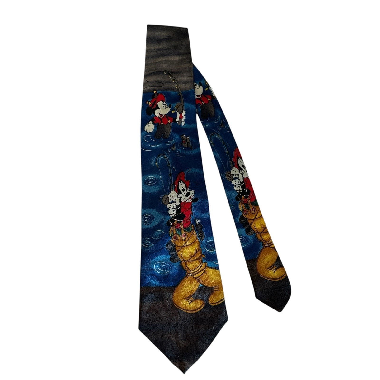 Vintage Disney Tie Necktie Goofy Mickey Mouse Fishing Outdoor Novelty